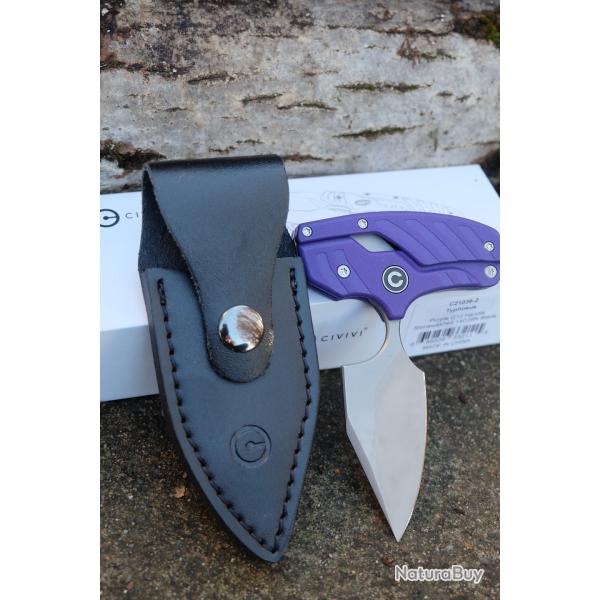 Couteau CIVIVI Typhoeus Purple Push Dagger Lame Acier 14C28N Manche Aluminium Etui Cuir 210362
