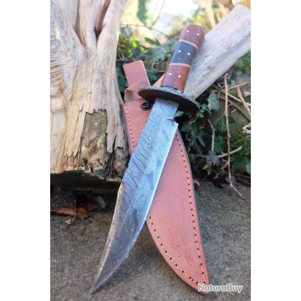Couteau Poignard Lame Acier Damas 256 Couches Manche Bois Garde Damas Etui Cuir Fabric Artisanale