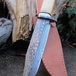 Couteau Poignard Lame Acier Damas 256 Couches Manche Os Garde Damas Etui Cuir Fabric Artisanale