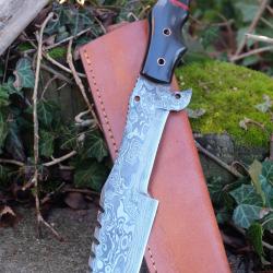 XXL BIG Couteau Tanto Damas Lame Trakker Acier 256 Couches Manche Corne Etui Cuir Fabric Artisanale