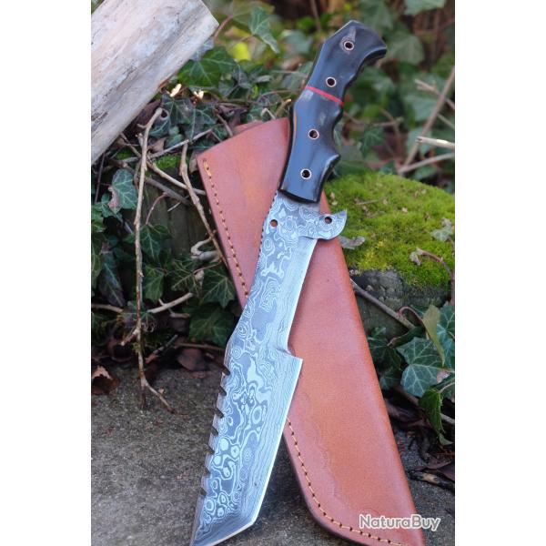 XXL BIG Couteau Tanto Damas Lame Trakker Acier 256 Couches Manche Corne Etui Cuir Fabric Artisanale