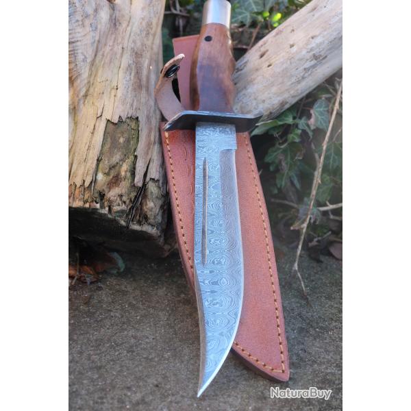 Couteau Poignard Lame Acier Damas 256 Couches Manche Bois Garde Damas Etui Cuir Fabric Artisanale 01
