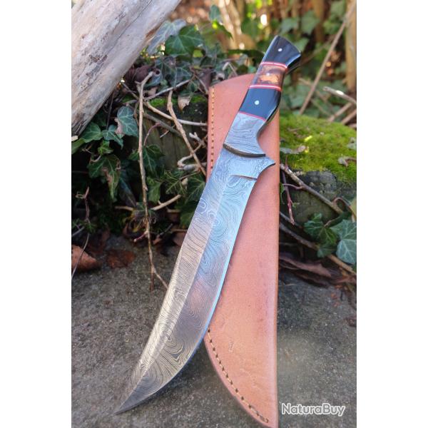 Couteau de Chasse Lame Damas 256 Couches Manche R�sine Garde Damas Etui Cuir Fabric Artisanale