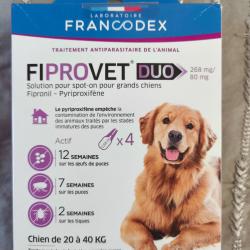 FIPROVET Duo - Traitement et pr&eacute;vention puces et tiques - 100% Neuf Scell&eacute;. Date Exp 03/2026