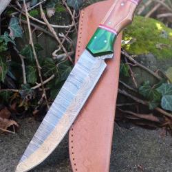 Poignard XXL Couteau Damas Lame 256 Couches Drop Point Manche 3 Bois Fabr Artisanale Etui Cuir