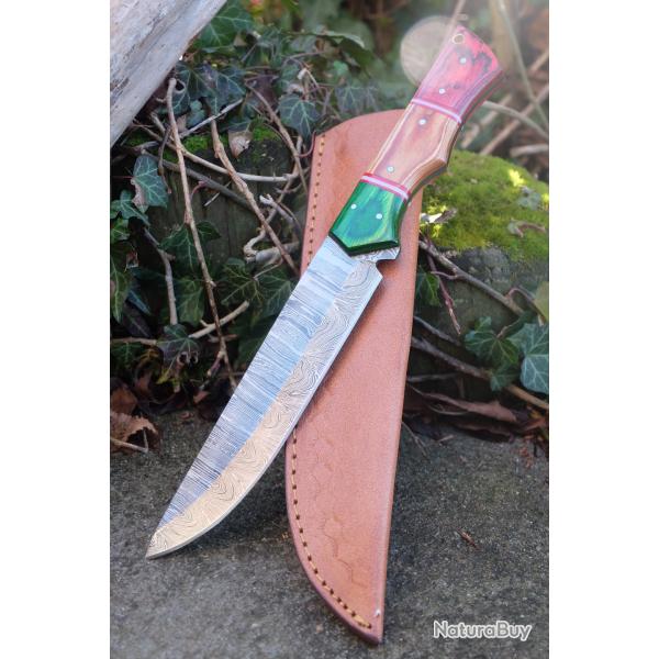 Poignard XXL Couteau Damas Lame 256 Couches Drop Point Manche 3 Bois Fabr Artisanale Etui Cuir