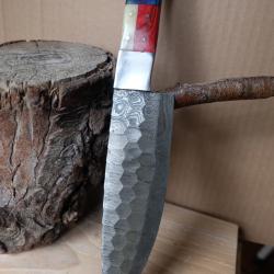 Couteau De Cuisine de Chef Lame Martel&eacute;e Acier Damas 256 Couches Manche BleuBlancRouge Fab Artisanat