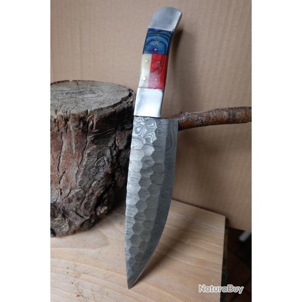 Couteau De Cuisine de Chef Lame Martel�e Acier Damas 256 Couches Manche BleuBlancRouge Fab Artisanat
