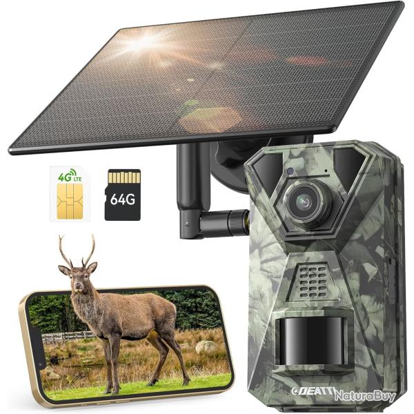 Cam�ra Chasse Solaire 4G LTE SD 64 Go 2.7K HD SIM Pr�install�e Vision Nuit Batterie 7800mAh �tanche