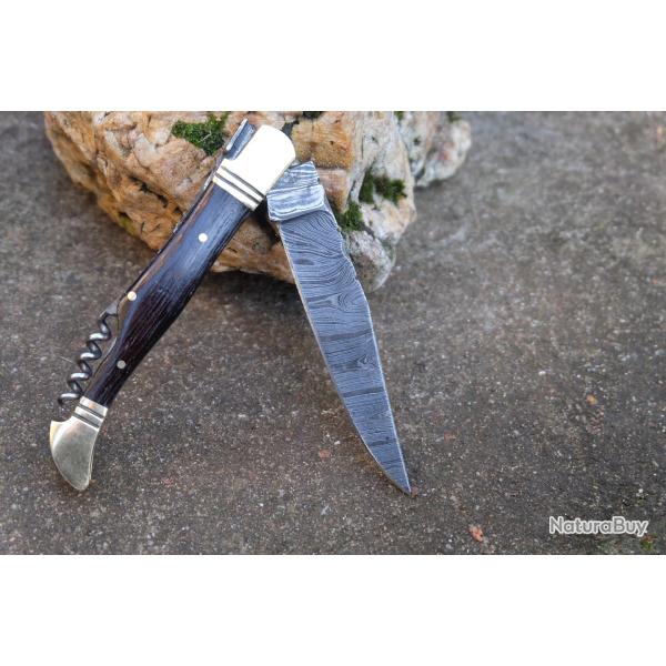 Couteau Damas Lame 128 Couches Fa�on Laguiole Abeille Manche Rosewood Tire Bouchons F Artisanale