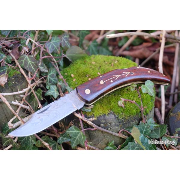 Gros Couteau Fa�on Corse Curnicciulu Lame Damas 128 Couches Manche Bois Fleur Fa Artisanale Locback