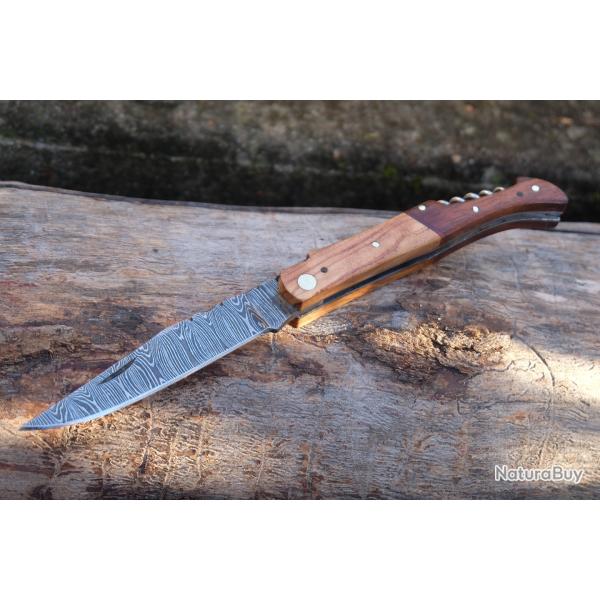 Couteau Damas Lame 128 Couches Fa�on Laguiole Abeille Manche 2 Bois Tire Bouchons Fabr Artisanale