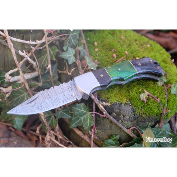 Couteau Lame Damas 128 Couches Manche 3 Bois Fa�on Buck 112 Lockback Fabr Artisanale 001