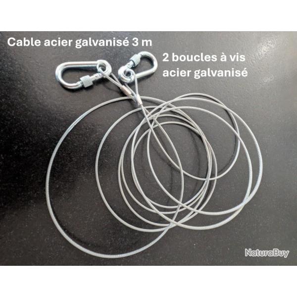 CABLE ACIER GALVANISE 3 M AVEC 2 MOUSQUETONS DE SECURITE A VIS