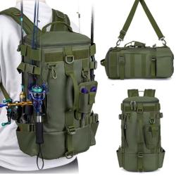 Sac &agrave; Dos de P&ecirc;che Multifonctionnel avec Porte Cannes Camping Tactique en plein air Vert