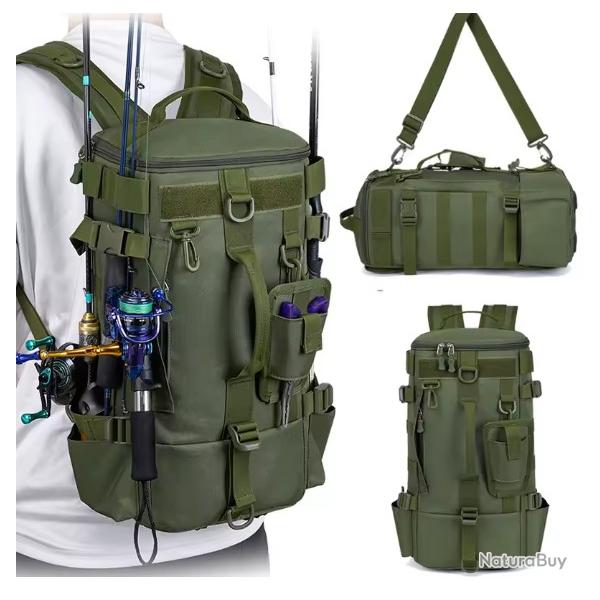 Sac � Dos de P�che Multifonctionnel avec Porte Cannes Camping Tactique en plein air Vert