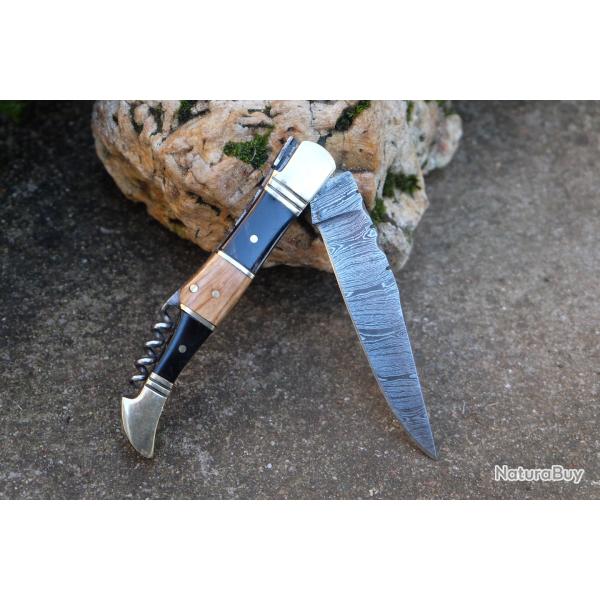 Couteau Damas Lame 128 Couches Fa�on Laguiole Abeille Manche Bois/Corne Tire Bouchons Fab Artisanale