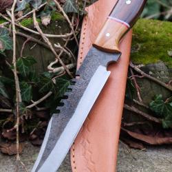 BIG Couteau Buscharft Survie Bowie Lame Acier Carbone 1075 Etui Cuir Manche 3 Bois Fabric Artisanale