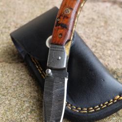 Beau Couteau Classic Damas Lame Drop Point 128 Couches Manche Bois Etui Cuir Linerlock F Artisanale