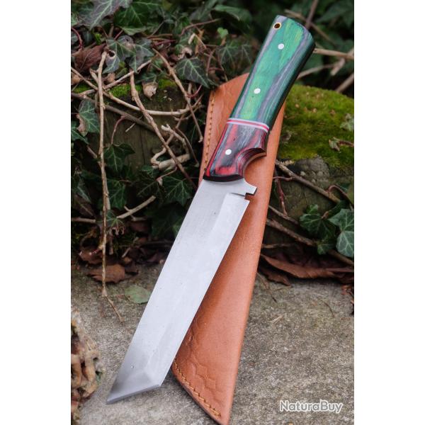Couteau Tanto Survie Buschraft Lame Carbone 1055 Manche 2 Bois Etui Cuir Fabrication Artisanale