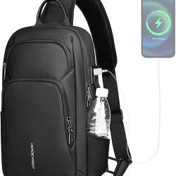 Sacoche Homme Bandouliere avec Port de Charge USB Imperm&eacute;able Sac de Poitrine avec Pochette Lat&eacute;rale