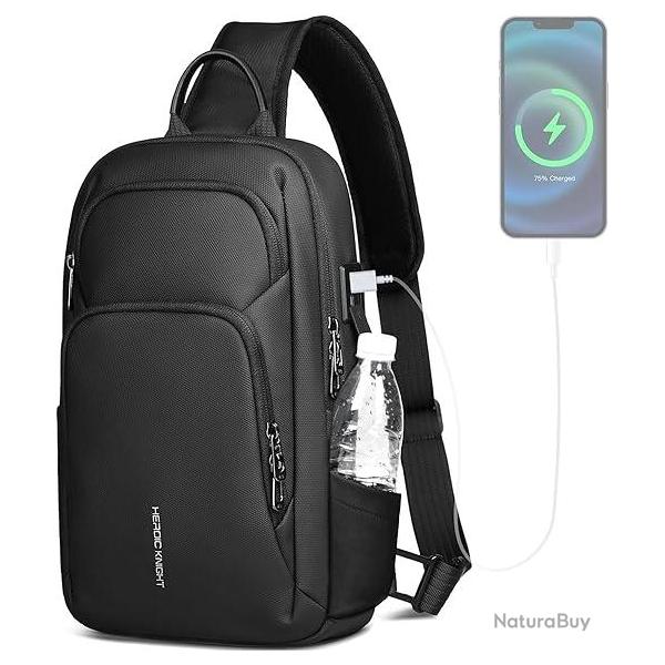 Sacoche Homme Bandouliere avec Port de Charge USB Imperm�able Sac de Poitrine avec Pochette Lat�rale