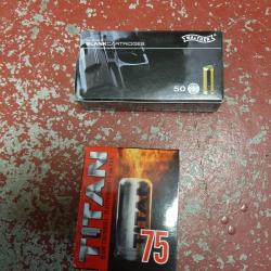 Lot de une boite Titan, et une boite wather de munitions &agrave; blanc calibre 9 mm