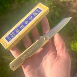 Petit couteau pliant traditionnel japonais HIGONOKAMI tanto laiton dor&eacute;