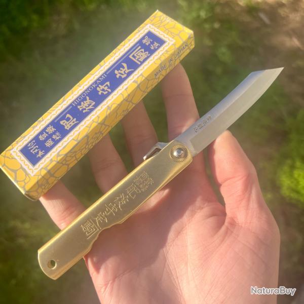 Petit couteau pliant traditionnel japonais HIGONOKAMI tanto laiton dor�