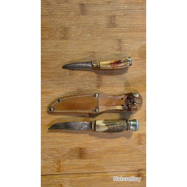 Lot de 2 petits couteaux allemands dont un avec �tui cuir - poign�e corne v�ritable