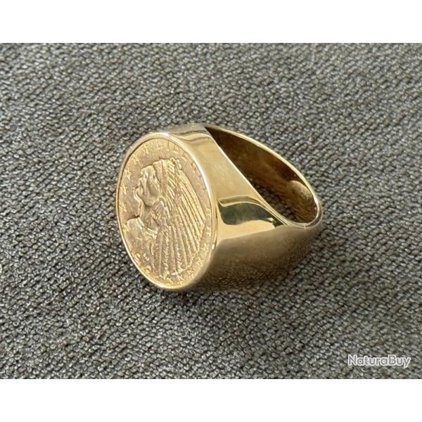 Chevali�re neuve en or massif 18 carats - pi�ce 5 dollars (22 carats) - bague homme - Indien - Sioux