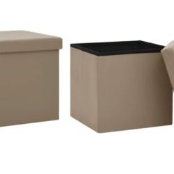 Tabouret rangement pliable PVC cappuccino 38x38x38 cm avec coffre lot de 2