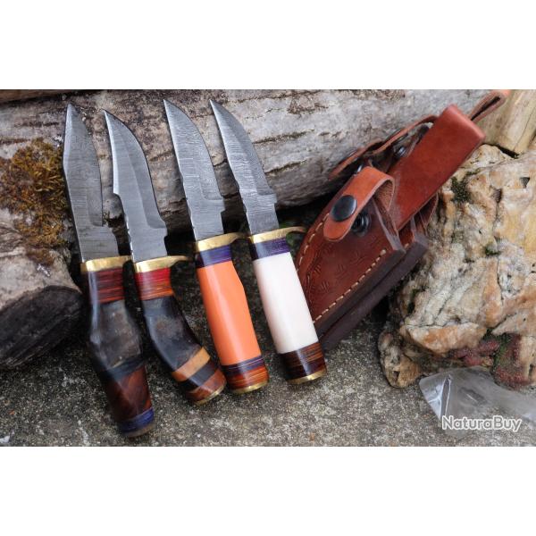 LOT DE 4 Couteau Skinner Damas Lame 256 Couches Manche Os Corne de B�lier Fab Artisanale Etui Cuir01