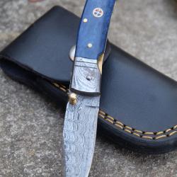 Beau Couteau Classic Damas Lame Drop Point 128 Couches Manche Os Etui Cuir Linerlock F Artisanale