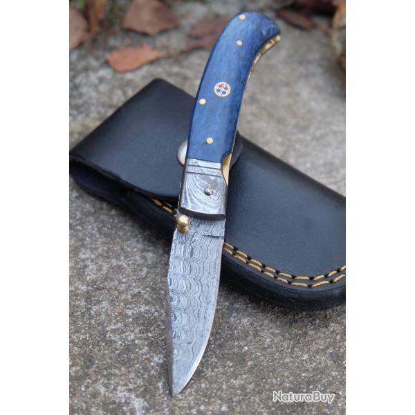 Beau Couteau Classic Damas Lame Drop Point 128 Couches Manche Os Etui Cuir Linerlock F Artisanale