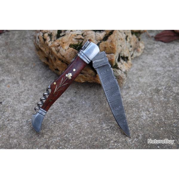 Couteau Damas Lame 128 couches Fa�on Laguiole Abeille Manche Bois Fleur Laiton T-Bouchons Artisanale