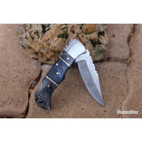 Couteau Lame Damas 128 Couches Manche 3 Bois Fa�on Buck 112 Lockback Fabr Artisanale 002