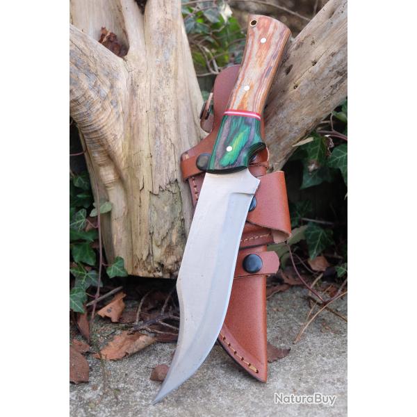 Couteau de Chasse Survie Buschraft Lame Clip Point Acier Carbone 1055 Manche Bois Etui Cuir Artisan
