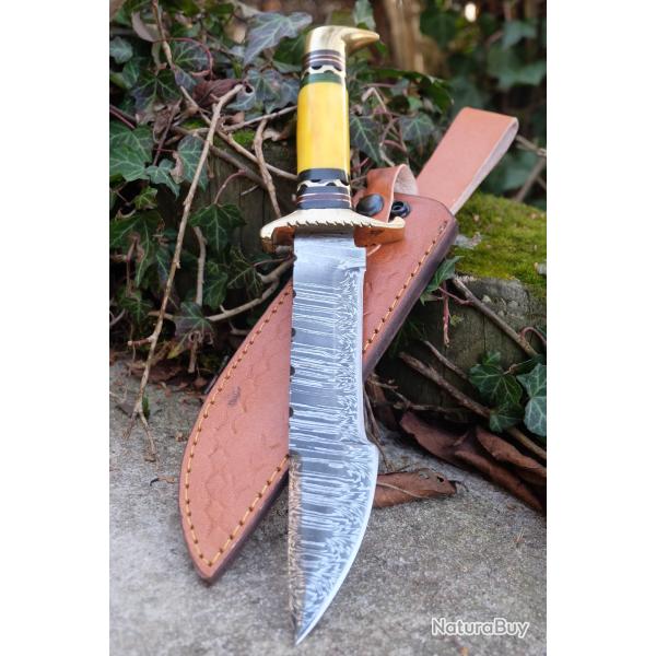 Beau Couteau Bowie Damas Lame 256 Couches Manche Os Garde Laiton Guilloch�e Etui Cuir Fab Artisanale