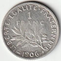 Pi&egrave;ce De Monnaie Argent  France 1 franc Semeuse 1906 Rare