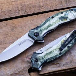 Couteau Kershaw Shoreline Bass Edition Lame Acier 8Cr13MoV Manche Green Poisson Linerlock KS1845BASS