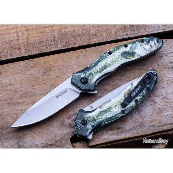 Couteau Kershaw Shoreline Bass Edition Lame Acier 8Cr13MoV Manche Green Poisson Linerlock KS1845BASS