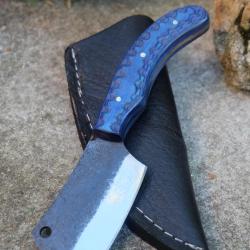 Couteau Skinner de Poche Lame Butcher Acier Carbone 1075 Manche Bois Etui Cuir Fabric Artisanale01