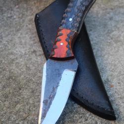 Couteau Skinner de Chasse Rando Lame Acier Carbone 1075 Manche Bois Etui Cuir Fabrication Artisanale