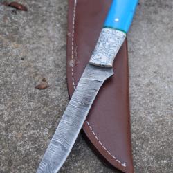 Skinner Couteau de Rando Cuisine Damas Lame 256 Couches Manche R&eacute;sine Fabric Artisanale Etui Cuir