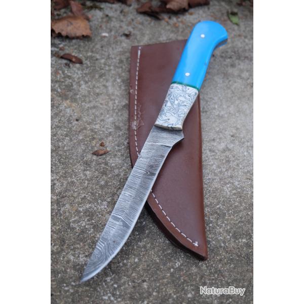 Skinner Couteau de Rando Cuisine Damas Lame 256 Couches Manche R�sine Fabric Artisanale Etui Cuir