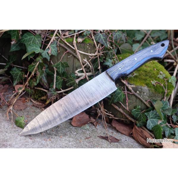 Couteau De Cuisine Style Japonais Lame Acier Damas 256 Couches Manche Bois Gris/Bleu F Artisanale