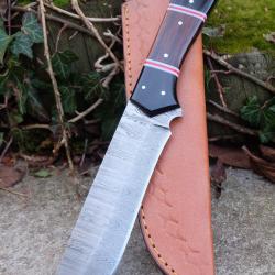 Poignard XXL Couteau Damas Lame 256 Couches Drop Point Manche Bois/R&eacute;sine Fabr Artisanale Etui CuirA