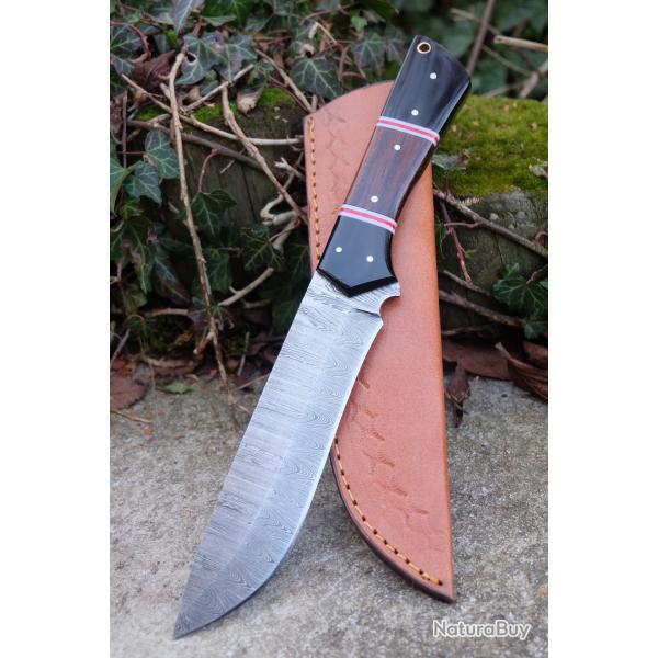 Poignard XXL Couteau Damas Lame 256 Couches Drop Point Manche Bois/R�sine Fabr Artisanale Etui CuirA