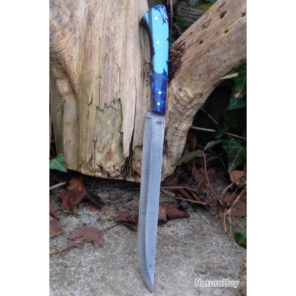 Couteau De Cuisine D'Office Lame Acier Damas 256 Couches Manche R�sine Oc�an Fabric Artisanale